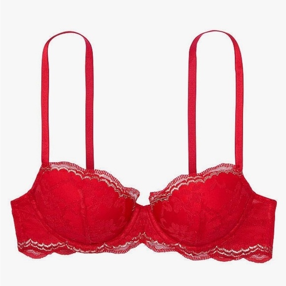 Victoria Secret Dream Angel Red Lace Trim Bra Sz 34B Lined Demi - Picture 3 of 10